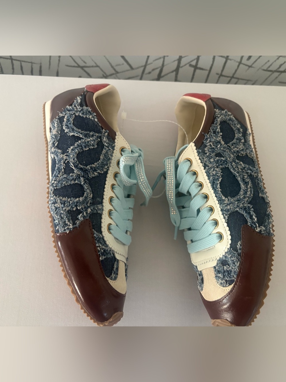 Kurt Geiger London Islington Frayed Denim Sneaker with Leather Accents . - Picture 11 of 13